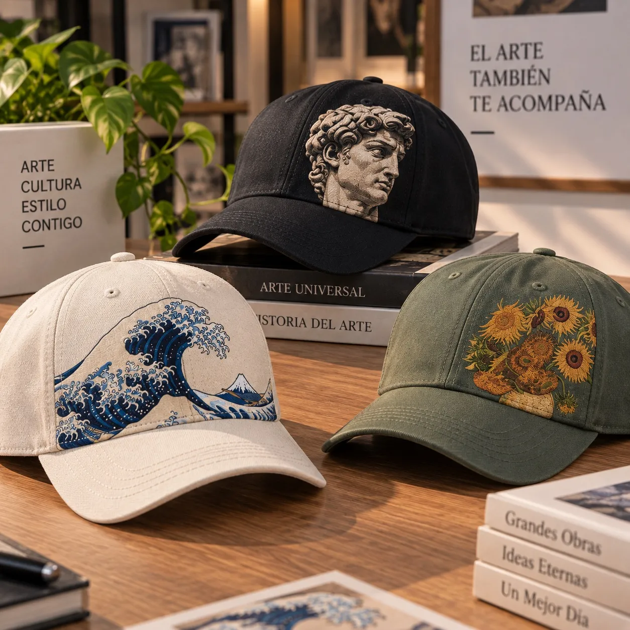 Tres gorras: crema con La gran ola, negra con el David y verde olivo con Los girasoles.
