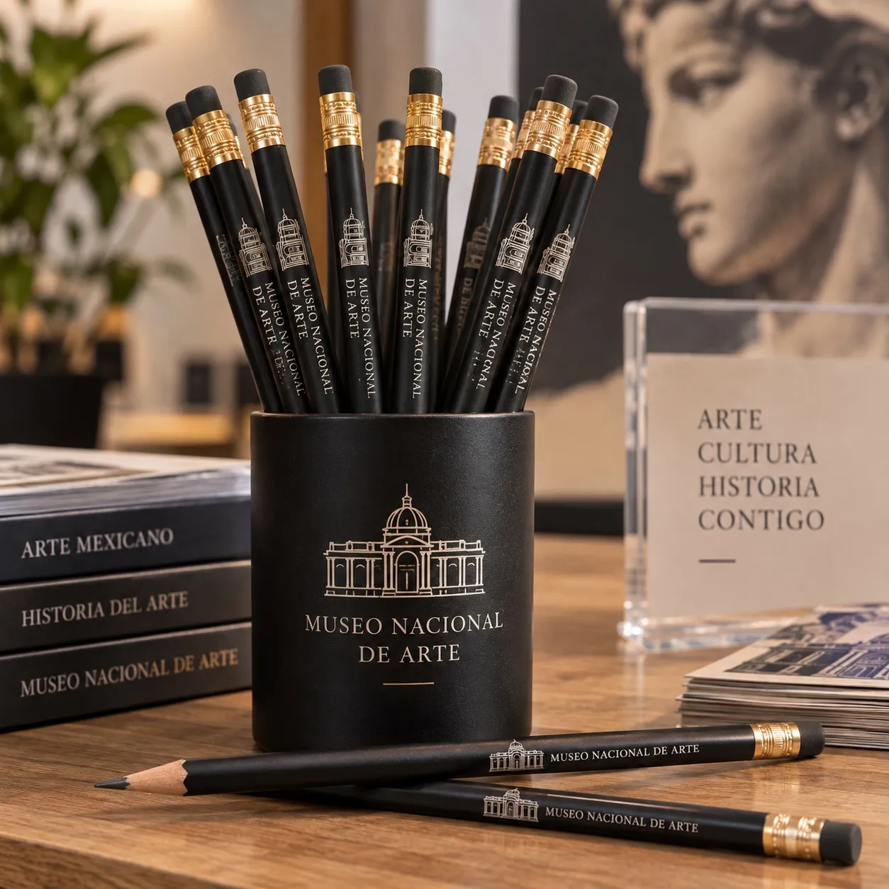 Lápices negros con detalles dorados y el logotipo del Museo Nacional de Arte, en un lapicero negro.