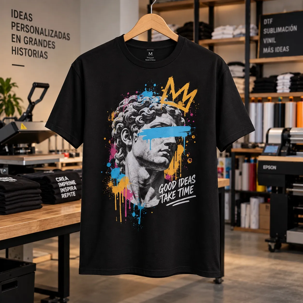 Playera negra con un busto clásico intervenido con pintura azul, rosa y amarilla y la frase Good ideas take time.