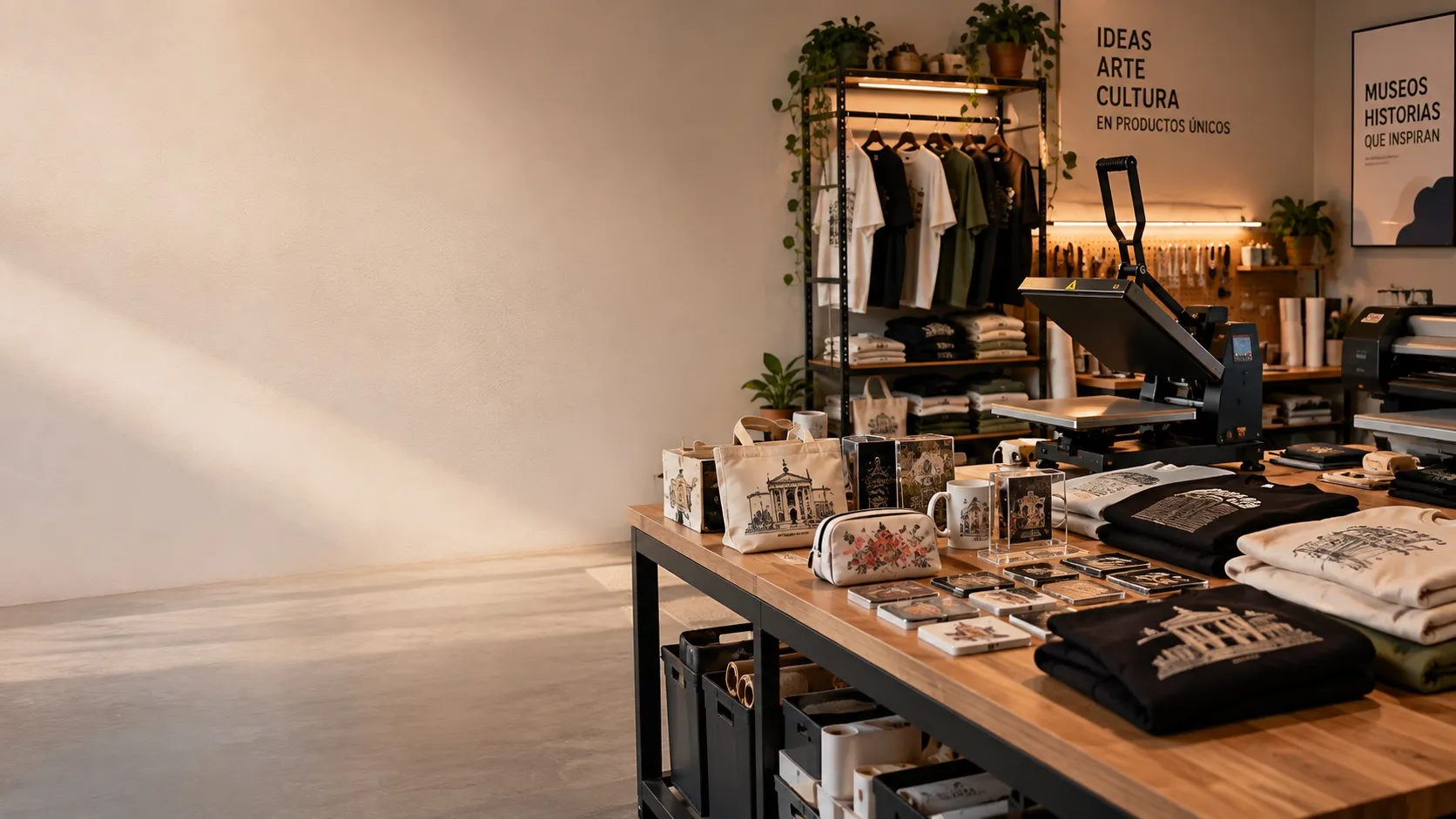 Taller de Muzium: mesa de madera con totes, termos, imanes y sudaderas recién impresas; al fondo una prensa térmica y playeras colgadas.