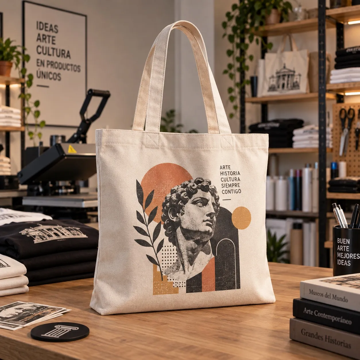 Tote de lona cruda con un collage de un busto clásico, hojas y formas geométricas en terracota y negro.